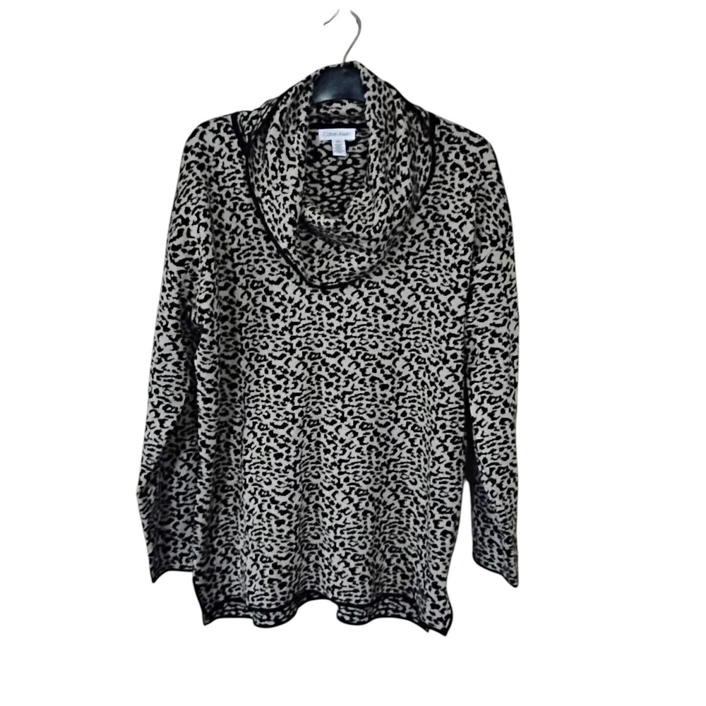 Calvin Klein Womens Leopard Print Cowl Neck Sweater Tan Black Tunic Top Medium